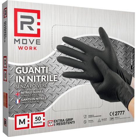 R Move Guanti in Nitrile Diamantati da Lavoro 8 gr - Nero, Taglia M, Confezione da 50 Pezzi