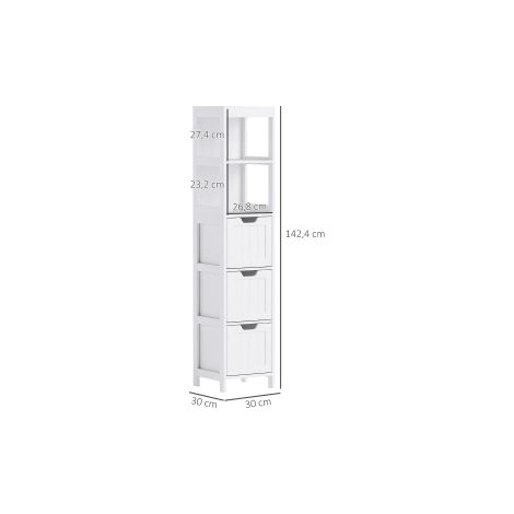 Armoire de salle de bains, colonne de salle de bains avec 3 tiroirs, 2 étagères ouvertes, armoire de rangement pour salle de bains, salon, blanc, 30 x 30 x 142,4 cm (1/5)