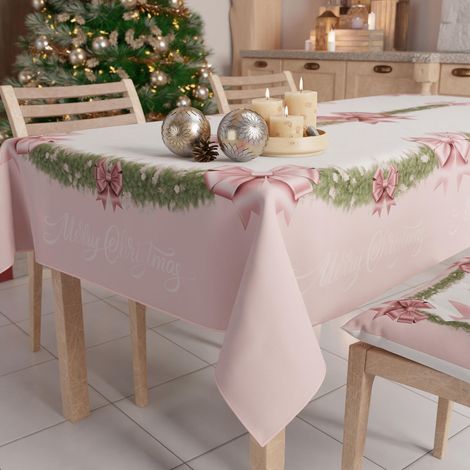 Nappe de Noël Anti-Taches Rectangulaire Couvre-Table pour Cuisine, Motif Noeud Rose X12 Places (140 x 240 cm) 100% fabriquée en Italie (1/5)