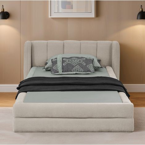 Cama individual tapizada en chenilla beige 90x200 cm, estructura reforzada, cabecero ergonómico y acolchado de espuma (1/5)