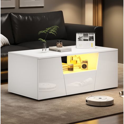 Couchtisch aus Spanplatte Weiß Hochglanz 100 cm mit LED, 2 Türen und 1 Schublade (1/5)
