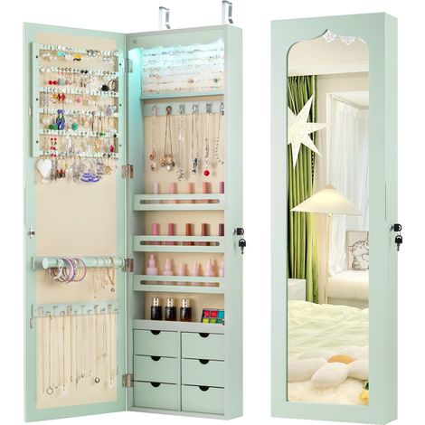 COSTWAY 120CM Jewelry Cabinet with Mirror LED Light 6 Drawers-Green