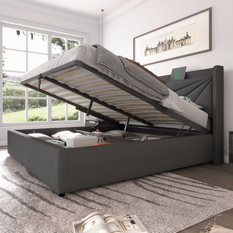 Polsterbett Doppelbett 160 x 200 cm mit Stauraum und USB Typ-C Ladefunktion im Kopfteil, Stauraumbett aus Leinenmaterial inkl. Lattenrost, ohne Matratze
