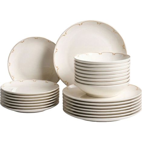 Service de Vaisselle en Porcelaine 24 Pièces avec Bordure Décorative Finition Émail Transparente Blanc et Doré Charoli