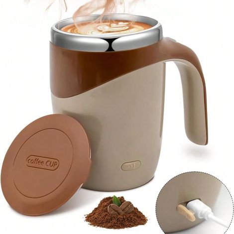 Tasse à café auto-agitante rechargeable, tasse de mélange automatique électrique amusante, gobelet auto-mélangeant en acier inoxydable, tasse à café de voyage, marron. (1/4)