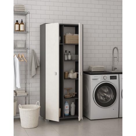 Armadio multiuso Sonia 2 ante - Mobile portascopa salvaspazio - 6 ripiani interni e un vano portascope - Colore Graffio chiaro, antracite - 75x180x35 cm (1/2)
