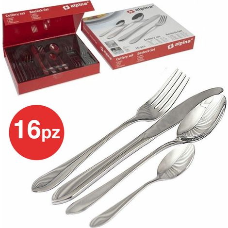 Set Servizio 16 Posate 4 Persone in Acciaio Inox con Forchette Cucchiai Coltelli