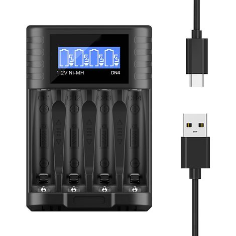 Chargeur de Piles Rechargeables 1,2 V 4 Emplacements, Chargeur Piles AAA Ni-MH Intelligent avec Récupération de Piles Surdéchargées, Protection Contre Les Surcharges et Charge Indépendante