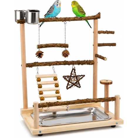 Aire de jeux pour oiseaux en bois naturel, jouet pour perroquet avec pont d'escalade et balançoire, perchoirs, échelle, jouet pour perruches avec gamelles, arbre à oiseaux, support pour perruches (1/5)