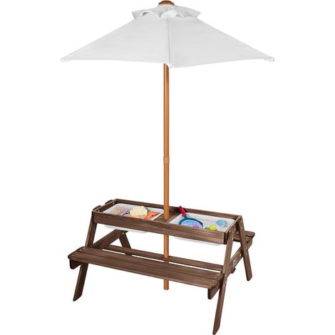 Table de Pique-Nique avec Parasol, Ensemble Table et Banc d'extérieur en Bois avec 2 Plateaux, Table Sable et Eau 3 en 1, mobilier de Jardin pour 4 Personnes, pour arrière-Cour et Porche, Noyer (1/5)