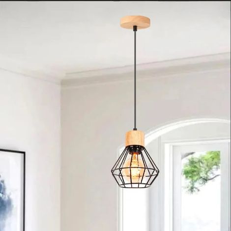 Lustre Suspension Industriel Vintage Luminaire Abat-jour en Bois Métal Design Cage Plafonnier Ajustable pour Salon Chambre (1/5)
