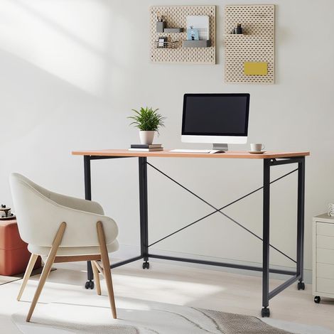 Schreibtisch klappbar mit 4 Rollen, Faltbar Computertisch Tragkraft 100 kg, Mobiler Klappschreibtisch Holz für Wohnzimmer, Heimbüros, Arbeitszimmer, 94,542,375 cm (Teakholzfarbe + Schwarz)
