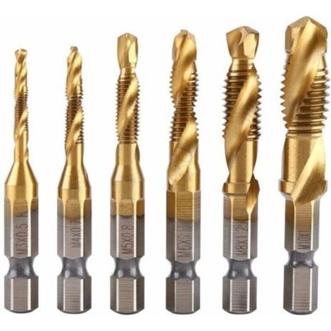 Lot de 6 tarauds filetés, foret taraud, filetage métrique M3-M10 avec revêtement en titane HSS et embouts de taraudage 1/4" queue hexagonale cannelée pour tarauder différents fils.