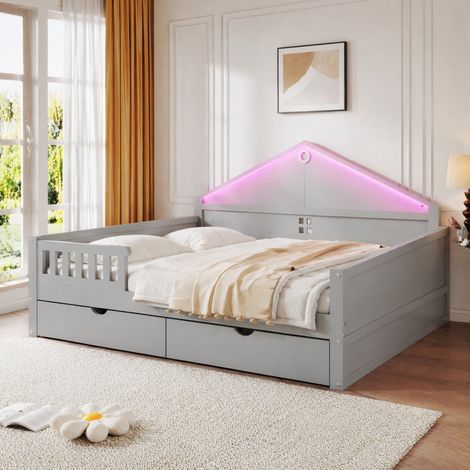 Cama individual 206x146x89 cm con cajones, tiras LED, montaje completo, madera maciza y MDF gris (1/5)