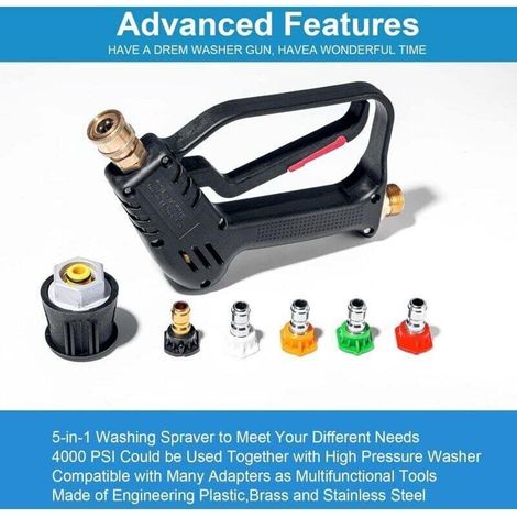 Pistolet de Lavage Haute Pression 4000 PSI avec 5 Embouts de Buse d'eau, Pistolet de Nettoyage de Voiture, M22-14mm Raccords 1/4" Quick Connect (1/3)