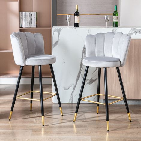 Wahson Lot de 2 tabourets de bar en velours gris – Hauteur d'assise 66 cm – Pieds en métal noir – Design moderne pour cuisine et bar (1/5)