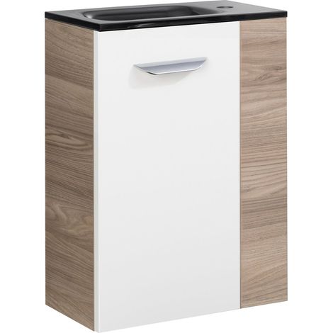 Fackelmann LUXOR SBC Gäste-WC Set 2 Teile – Waschtischunterschrank in Weiß mit Holz Braun mit Waschbecken aus Glas in Anthrazit  – Waschbeckenunterschrank schmal – Türanschlag links – 45 cm breit"-"90 (1/4)