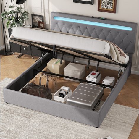 Cama con espacio de almacenamiento tapizada en lino gris 180x200 cm con somier, elevación hidráulica, LED y USB (1/5)