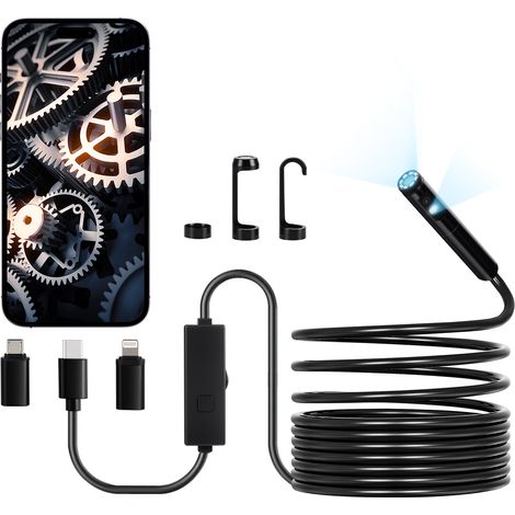 VEVOR Camera Endoscopique Double Objectif Endoscope pour Android iOS avec Cable Semi-rigide 5 m, 8 + 1 Lumieres LED, Zoom, Etanche IP67, Camera Serpent deInspection HD 1920p pour Automobile, Plomberie