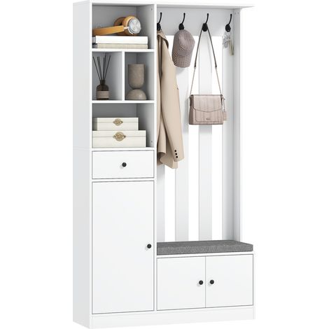 Vestiaire d'entrée - HOMCOM - 4 en 1 - banc de rangement, étagère réglable, 4 crochets - MDF - 100x30x180cm - blanc (1/5)
