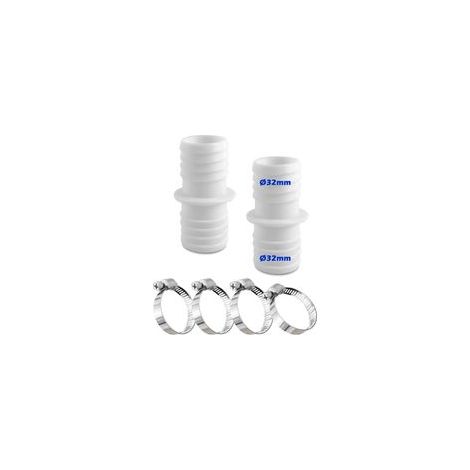 Lot de 2 raccords de Tuyau de 32 mm avec 4 Colliers de Serrage en Acier Inoxydable, Blanc, Adaptateur Double pour Piscine