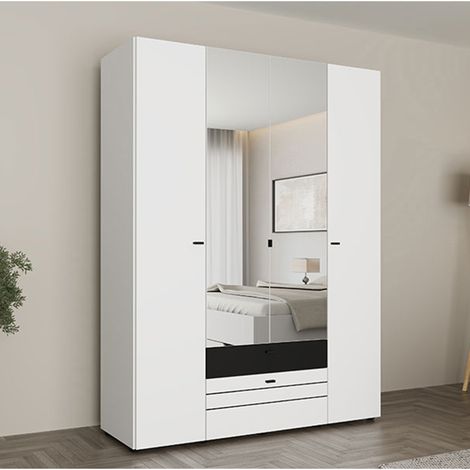 Großer Kleiderschrank Watamu, Schlafzimmer-Schrank mit 6 Regalen, 2 Schubladen, Kleiderstange, 155x208h cm Mattweiß (1/5)