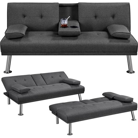 Yaheetech Divano Letto con 2 Braccioli Staccabili Divano Trasformabile Mobile Imbottito a 3 Posti Divanetto Reclinabile da Salotto con Supporto Centrale Porta Bicchieri Grigio Scuro/Tessuto