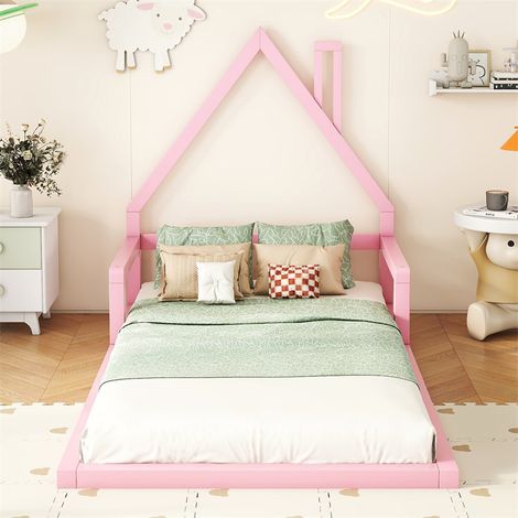Lit cabane 90x200cm, lit enfant plat en forme maison avec sommier à lattes, en pin massif, rose (1/5)