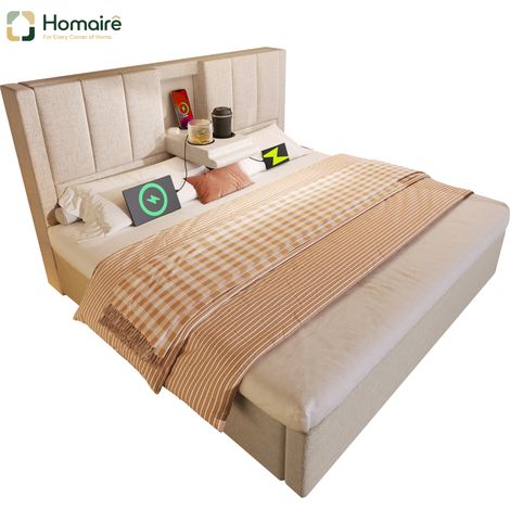 Cadre de lit beige en tissu avec rangement et port USB 217 x 143 x 115 cm HOMAIRE (1/5)