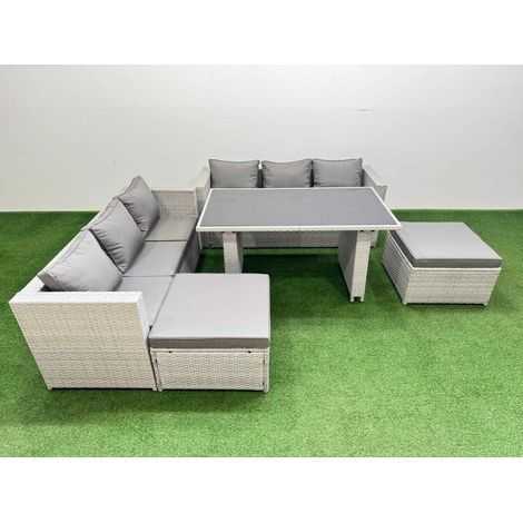 Fimous Rattan Garden Furniture Dining Set 8-seater Patio Rectangular Table Sofa Set with 2 Big Stools Light Grey (1/5)