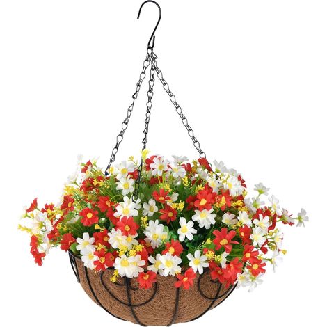 Fleurs artificielles suspendues dans un panier, décoration extérieure, intérieure, patio, pelouse, jardin, panier suspendu avec doublure en noix de coco de 30 cm, pot de fleurs (rouge) (1/5)