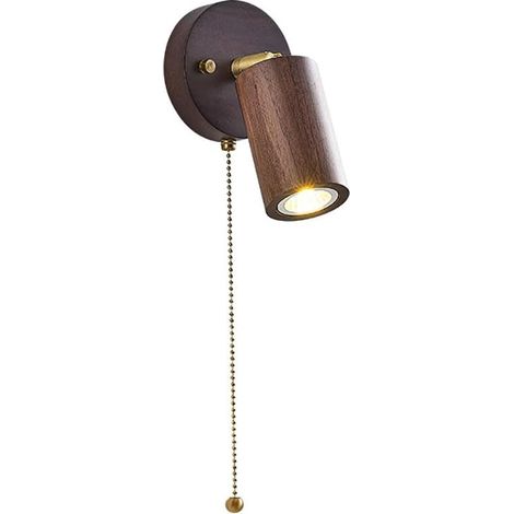 Mini applique de chevet, applique de lecture orientable 350° 180°, applique murale en noyer, appliques murales LED modernes - 6W - 3000K, appliques murales en bois à tube long avec interrupteur à cord (1/5)