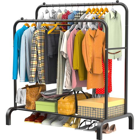 LOEFME Porte Manteau Portant Vêtements Penderie Cintre Tiges Double avec étagère de Rangement Chaussures 110 x 55 x 150 cm Noir (1/5)