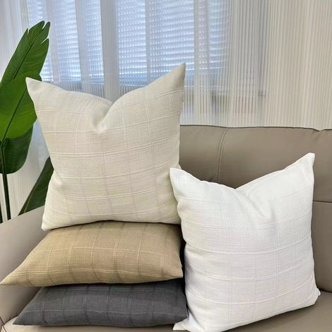 Double-sided plaid linen cushion cover, popular for home sofas and backrests, geometric jacquard cotton-linen blend, living room style, core not included -- Cotton-linen Beige 50cm50cm --