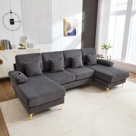 Canapé moderne en forme de U avec éclairage d'ambiance LED et port USB-C, structure en bois massif, 4 coussins luxueux et dossier ergonomique haut de gamme pour un confort maximal — Gris (1/5)