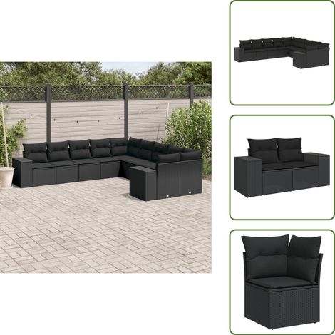 10-tlg. Garten-Sofagarnitur mit Kissen Schwarz Poly Rattan - Gartengestelle - Gartenmöbelset - Outdoor Möbel - Lounge Set - Rattan Gartenmöbel (1/5)
