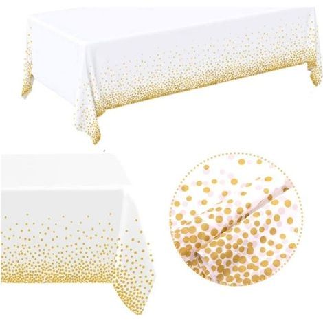 Disposable 2-piece anniversary tablecloth - 273x138cm waterproof gold polka dot rectangle for party buffet.