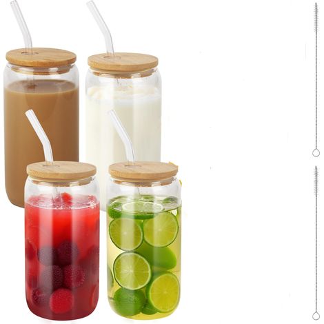 Verre à Boire - Verre en Verre Borosilicate 473 ml - Avec Couvercle en Bambou et Paille en Verre - Lot de 4 (1/5)