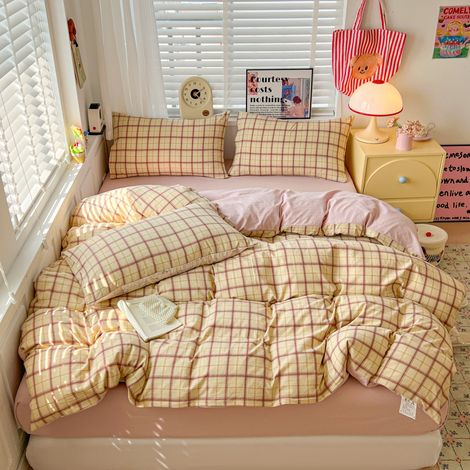 Parure de Lit 4 Pièces en Coton Lavé Ultra Doux - Qualité A Maternité - Housse de Couette, Drap-Housse et Drap Plat pour Lit 180x200cm (Couette 180x220cm) - Motif Carreaux Vintage - Idéal Dortoir Étud