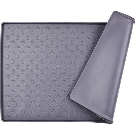 Tapis Gamelle Chien, Tapis d’Alimentation pour Chat en Silicone aux Normes FDA, Imperméable et Antidérapant, Gris Paw Pattern, 47 X 30 cm