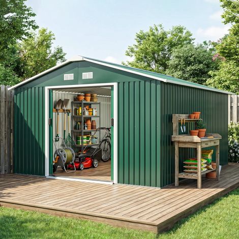 Cobertizo de Jardín 12,4 m² 340x386x200 cm con 2 Puertas Corredizas Base Refuerzo (Suelo NO Incluido) Verde (1/5)