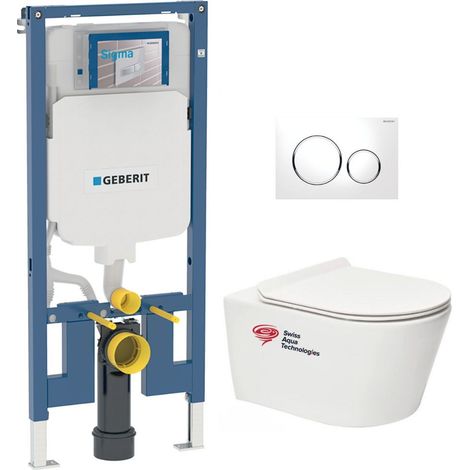 Pack WC Bati-support Geberit + WC Swiss Aqua Technologies sans bride + Plaque blanche (SLIM-Brevis-C)