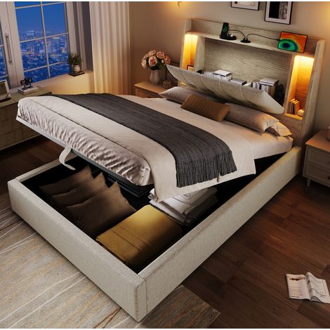 MEUBLIV Cama 90x200 cm beige con canapé abatible y LED, sin colchón (1/5)