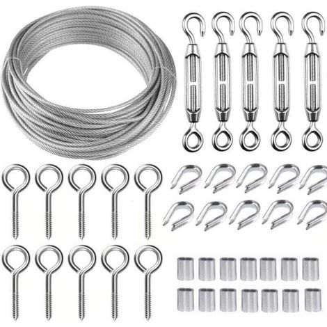 Corde en Acier Inoxydable à Suspendre Kit,30M/2mm Câble en Acier Inoxydable Revêtu avec M5 Tendeurs,Kit Cable Métallique 2mm pour Plantes Grimpante,Corde a linge,Rambarde,Cable de Garde Corps (1/4)