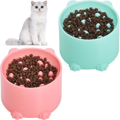 Bac à litière surélevé 2 pièces pour chat - Gamelle anti-glouton - Conception ergonomique pour le cou - Ralentit la prise alimentaire et favorise une bonne digestion - Rose et vert - Taille unique (1/5)