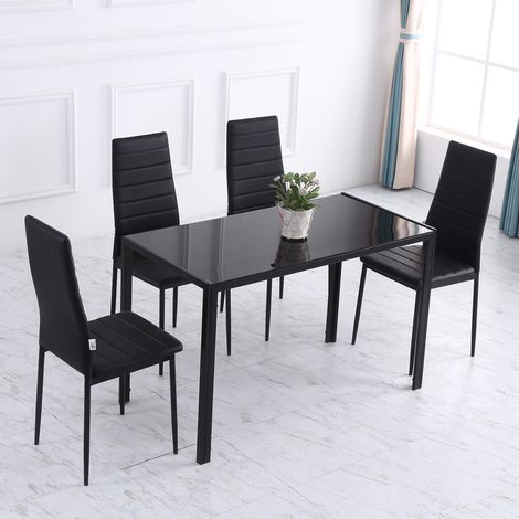 Table de salle à manger verre trempé noir métal 120x60x75 cm 4 couverts design moderne (1/5)