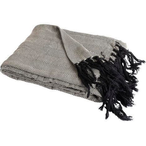 Baumwoll-Decke ZIGORA aus 100 % Baumwolle - Schwarz mit Fransen 180x220 cm