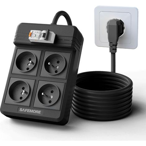Multiprise avec disjoncteur différentiel intégré 4 Prises RCD 30mA RCBO 16A/250V avec Interrupteur FI/Circuit Breaker, multiprise FI 4000W avec câble d'extension de 3m et disjoncteur, Noir (1/5)