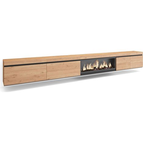Skraut Home - Mueble TV, Televisión, Muebles de salón, almacenaje, 368x45x35, Chimenea eléctrica XXL, Colgado, Suspendido, Estilo Moderno, Roble (1/5)