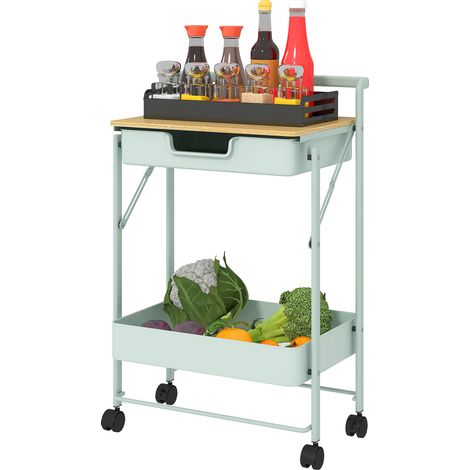 Chariot auxiliaire 2 niveaux avec tiroir et panier grillagé vert clair 39x28x63cm